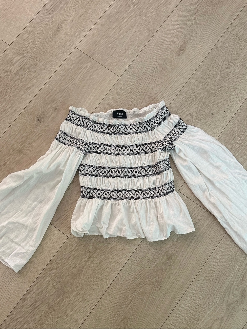 VICI Off-The-Shoulder Smocked Blouse with Black Trim Medium